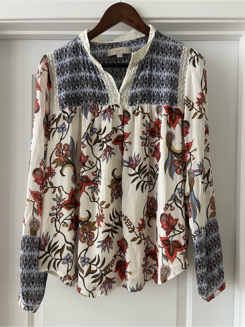 LOFT Cream Floral Blouse with Blue Patterned Yoke